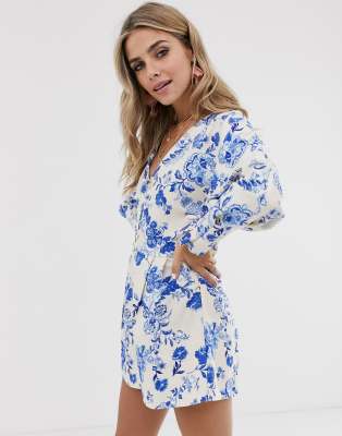 white and blue floral romper