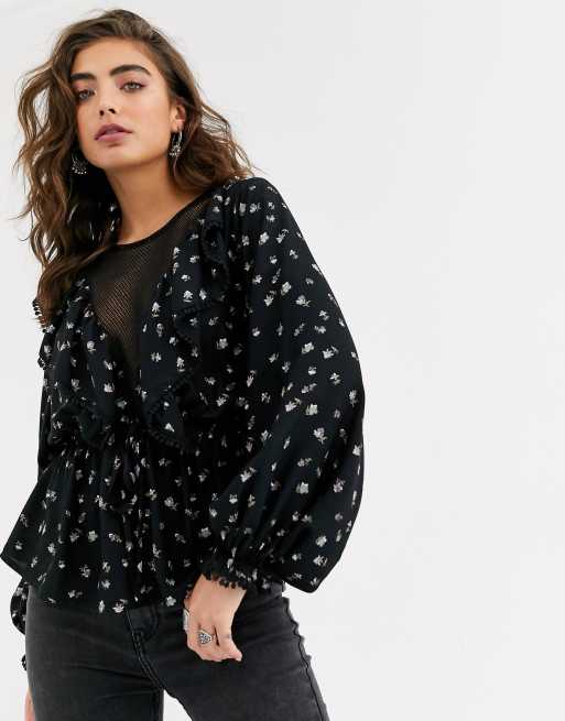 long sleeve patterned mesh top