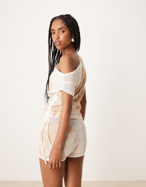 ASOS DESIGN floral mesh stitch draped knit top in white , 4 of 4