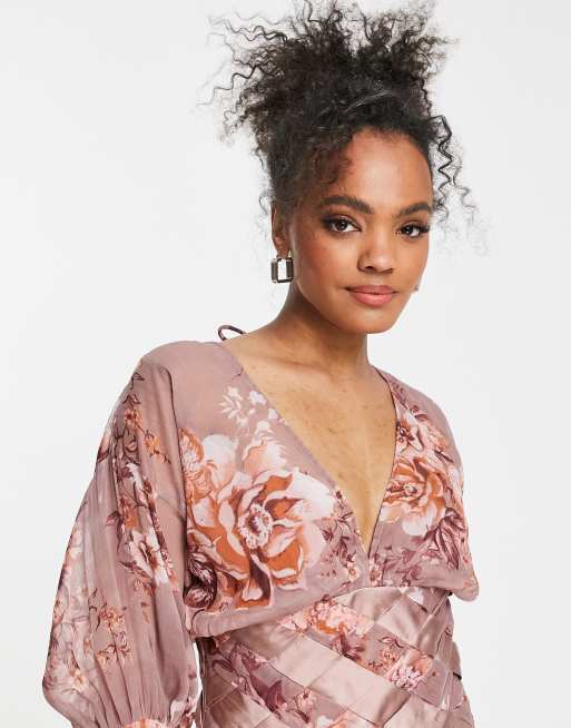 knee length dresses for ladies ASOS Floral Print Twist Cut Out Back Flatter Sleeves Pleated Midi Dres –  Letay Store main image 0