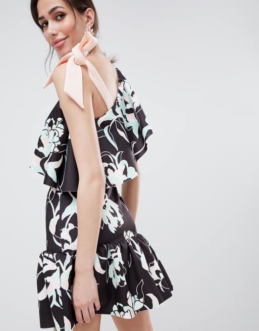 ASOS DESIGN floral one shoulder ruffle mini dress with bow detail
