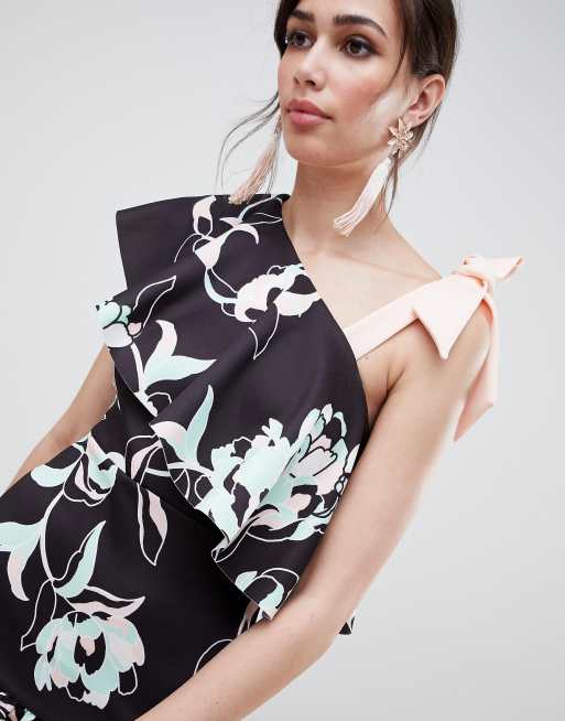 ASOS DESIGN floral one shoulder ruffle mini dress with bow detail