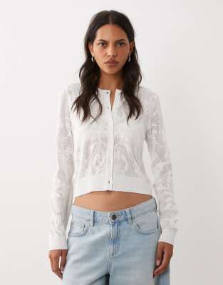 Asos Design Floral Open Knit Cardigan In White