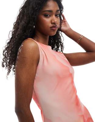 Asos Design Floral Placement Slash Neck Mesh Maxi Dress In Pink