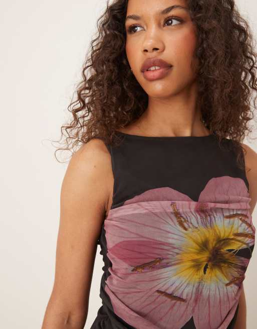 ASOS DESIGN floral placement slash neck mesh top in brown | ASOS