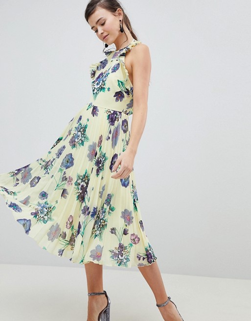 ASOS DESIGN Floral Pleated Midi Dress With Ruffle Open Back | ASOS
