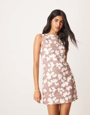 Asos Design Floral Print Denim Shift Mini Dress In Brown
