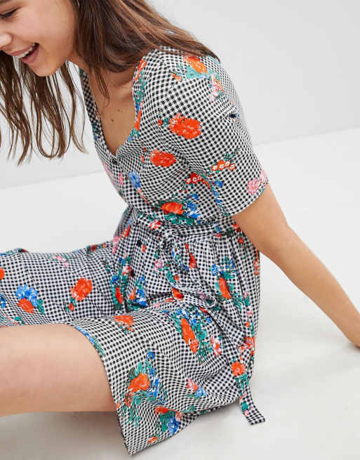 ASOS DESIGN floral print gingham button through sundress, 3 of 4