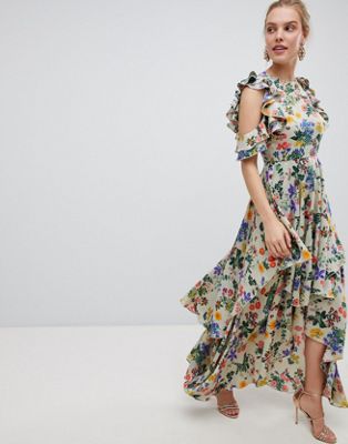 asos design dipped hem maxi dress with 3d embellishment and ruffle sleeve