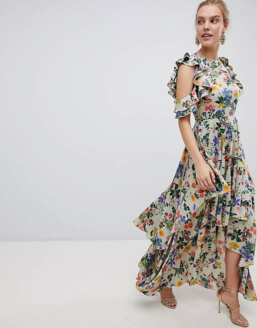 ASOS DESIGN Floral Print Satin Ruffle Sleeve Maxi Dress With Dipped Hem