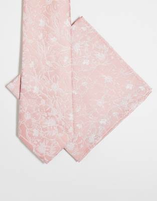 Asos Design Floral Print Tie And Pocket Square In Pink