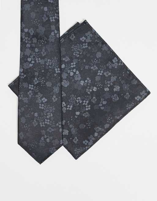 ASOS DESIGN floral print tie and pocket square set in grey