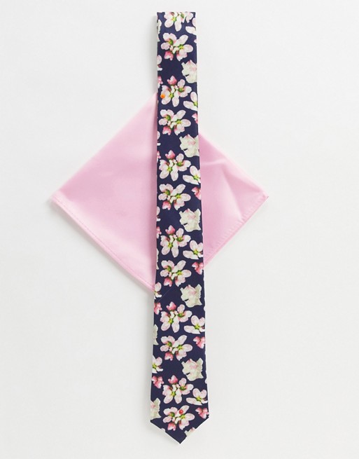 ASOS DESIGN floral print tie in navy with pink pocket square