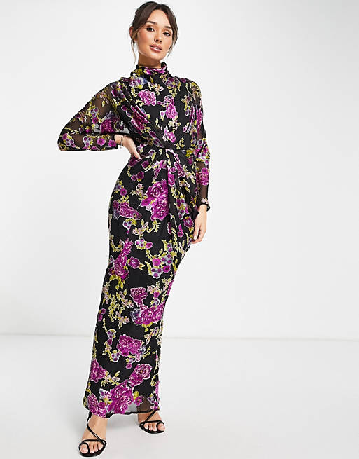 ASOS DESIGN floral printed maxi dress with batwing sleeve and wrap waist in burnout velvet