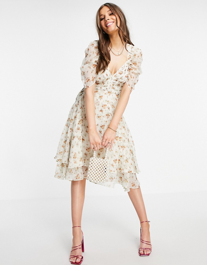 ASOS DESIGN floral printed midi dress with pleated cup detail and drape sleeve-Multi
