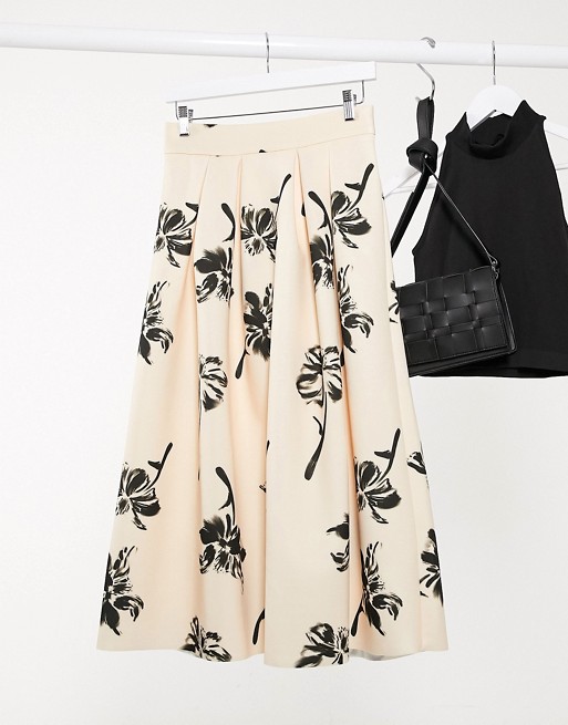 ASOS DESIGN floral printed midi prom scuba skirt in pale peach
