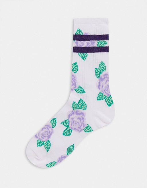 ASOS DESIGN floral printed stripped calf length sock in lilac