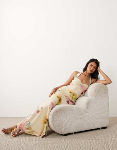 ASOS DESIGN floral printed sweetheart neck mesh fishtail maxi dress in buttermilk - view 1