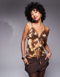 [ASOS DESIGN] ASOS DESIGN floral printed tie front mesh cami in brown L BROWN