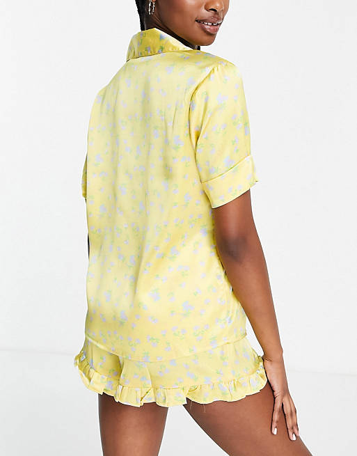 Lingerie & Nightwear floral satin shirt & frill short pyjama set in yellow 