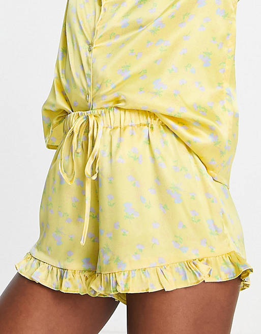 Lingerie & Nightwear floral satin shirt & frill short pyjama set in yellow 