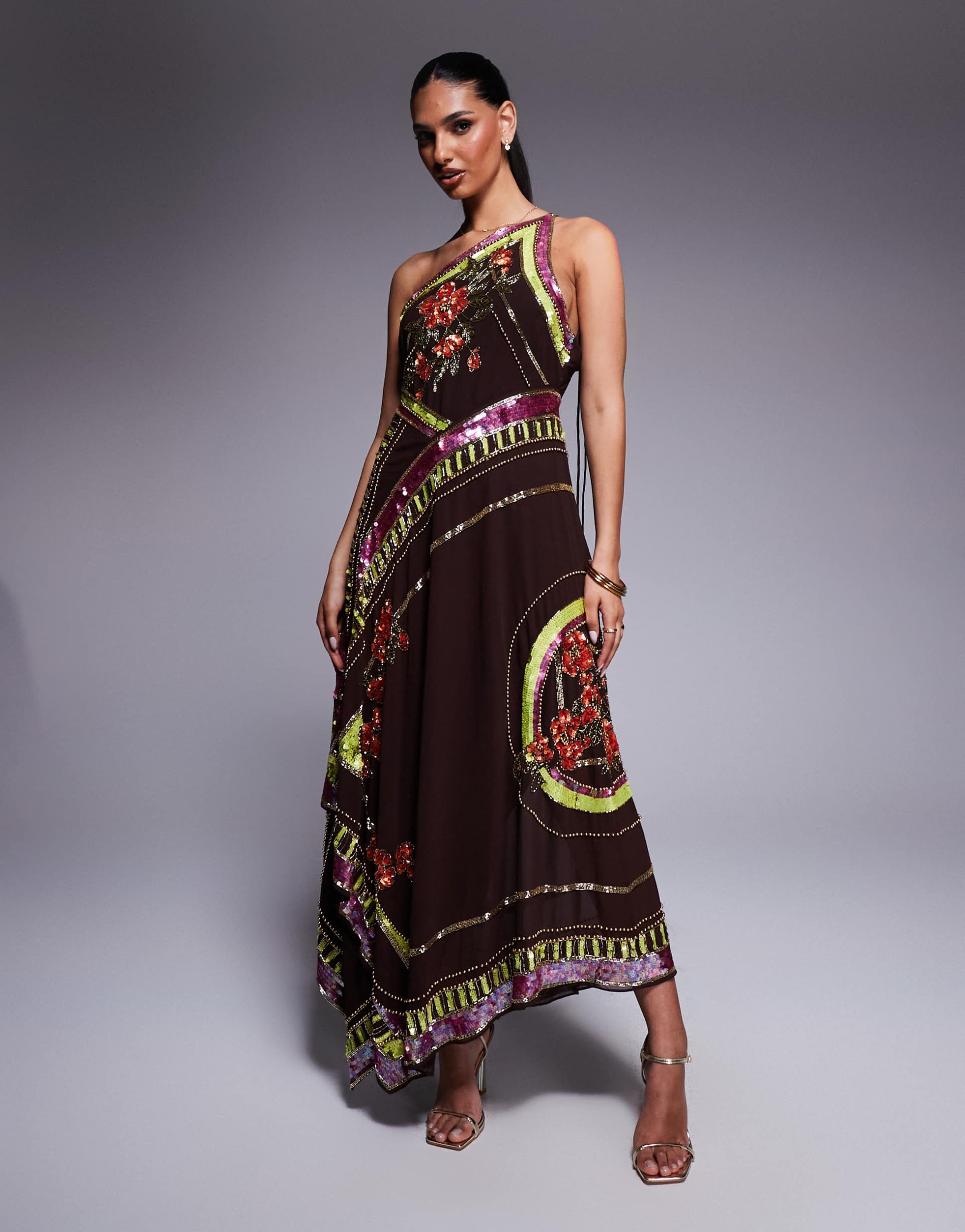 asos design floral scarf embellished full skirt maxi dress in chocolate