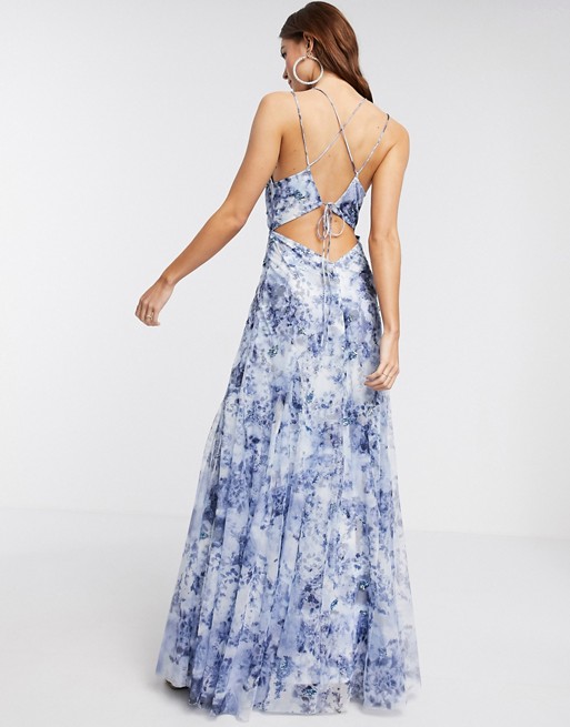 ASOS DESIGN floral sequin embellished strappy back maxi dress in blue | ASOS