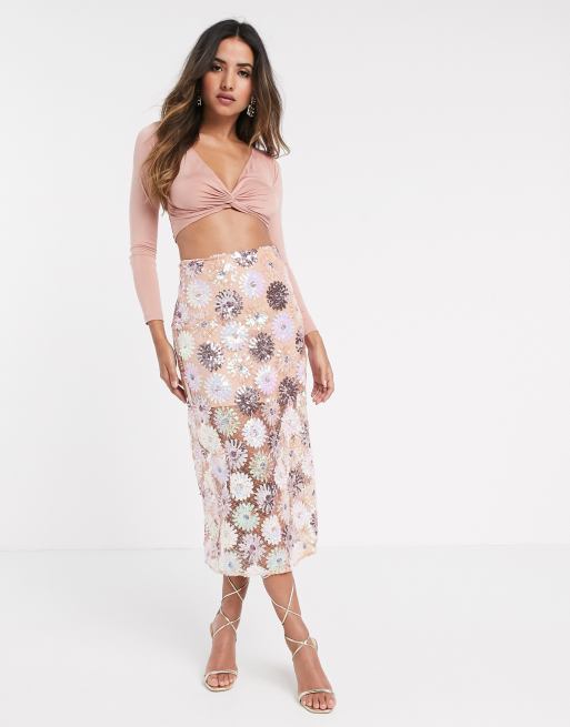 ASOS DESIGN floral sequin midi skirt | ASOS