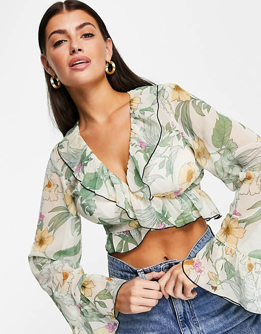  Shirts & Blouses/floral sheer wrap top with ruffle detail 
