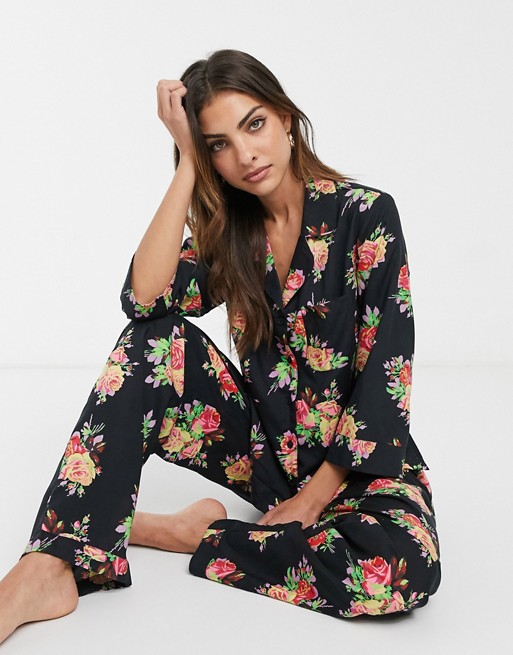 ASOS DESIGN floral shirt & trouser pyjama set in 100% modal