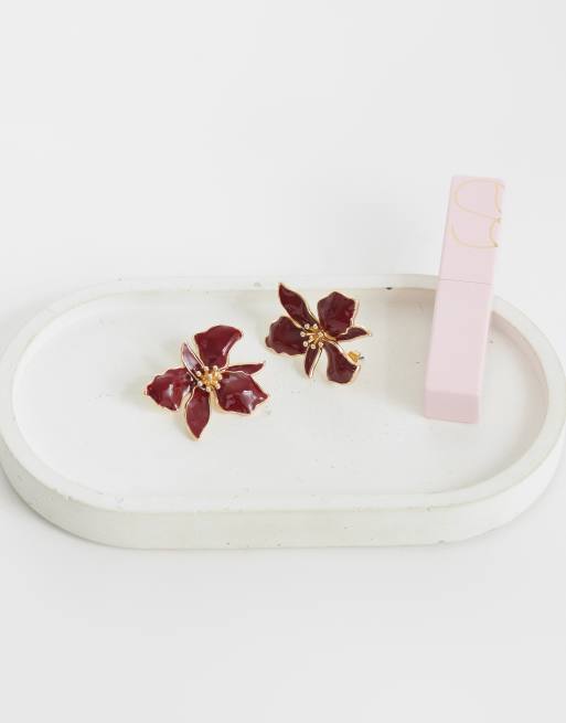 ASOS DESIGN floral stud earrings in burgundy, 2 of 4