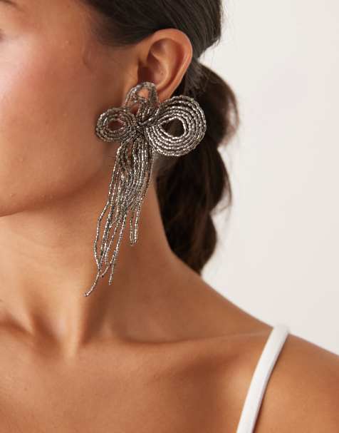 ASOS DESIGN floral stud earrings with beaded details in dark silver - view 1