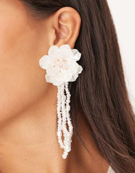 ASOS DESIGN floral stud earrings with faux pearl drops in ivory - view 1