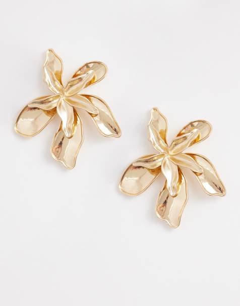 ASOS DESIGN floral stud earrings with half brushed gold design in gold tone - view 1