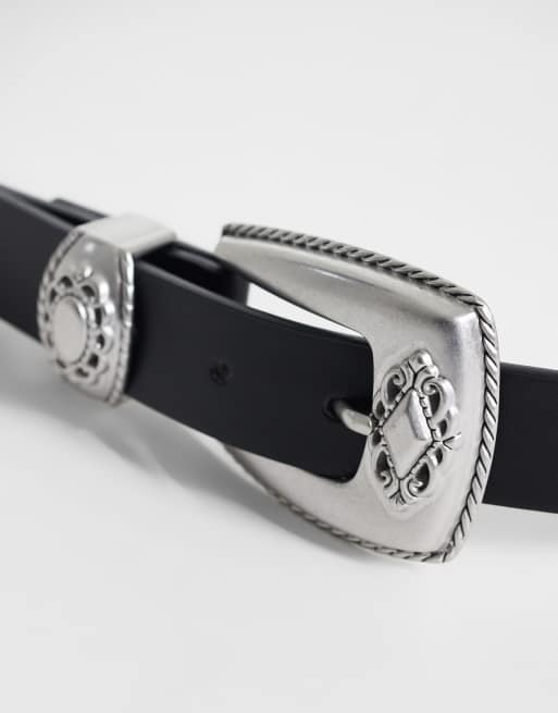 ASOS DESIGN floral studded faux leather belt with silver buckle in black, 2 of 3