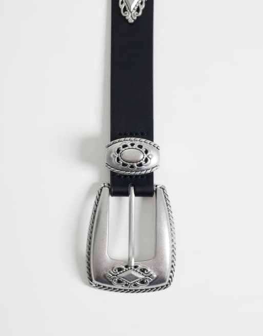 ASOS DESIGN floral studded faux leather belt with silver buckle in black, 3 of 3