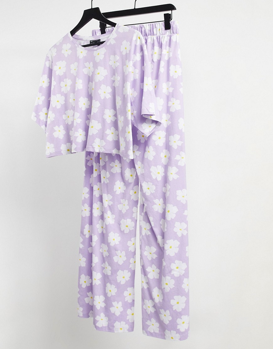 Asos Design Floral Tee & Wide Leg Pants Pajama Set In Lilac-purple