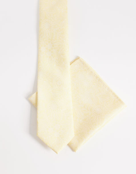 ASOS DESIGN floral textured tie and pocket square in yellow - view 1