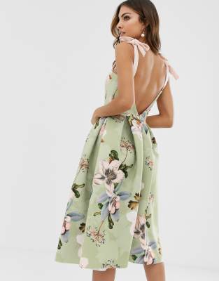 asos design floral tie back midi dress