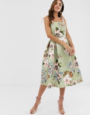 asos design floral tie back midi dress