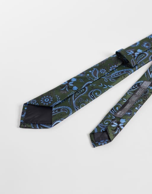 ASOS DESIGN floral tie with contrast blue stitching and pocket square in green, 3 of 3