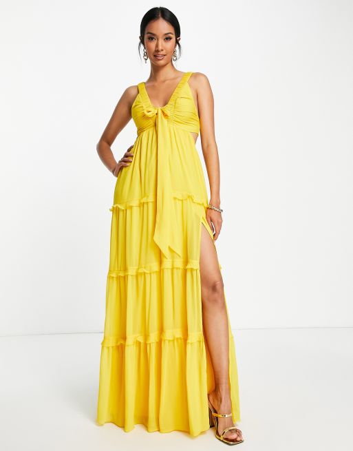 ASOS DESIGN shirred wrap tiered skirt maxi dress in mustard floral