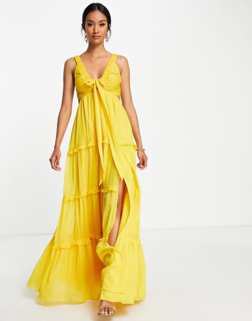 ASOS DESIGN floral tiered maxi dress with tie front in satin stripe