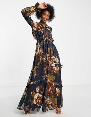 Asos Design Floral Tiered Maxi Dress With Tie Front In Satin Stripe-multi