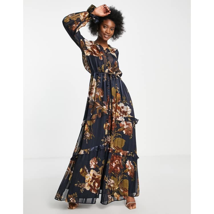 ASOS DESIGN floral tiered maxi dress with tie front in satin stripe