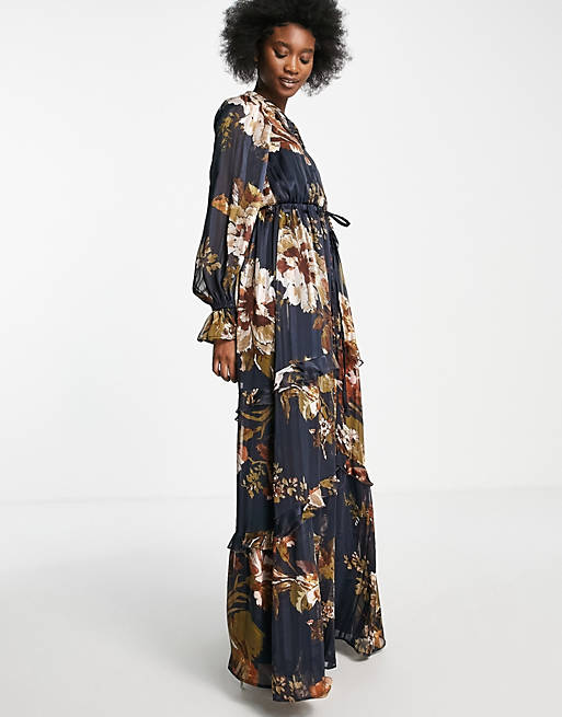 ASOS DESIGN floral tiered maxi dress with tie front in satin stripe
