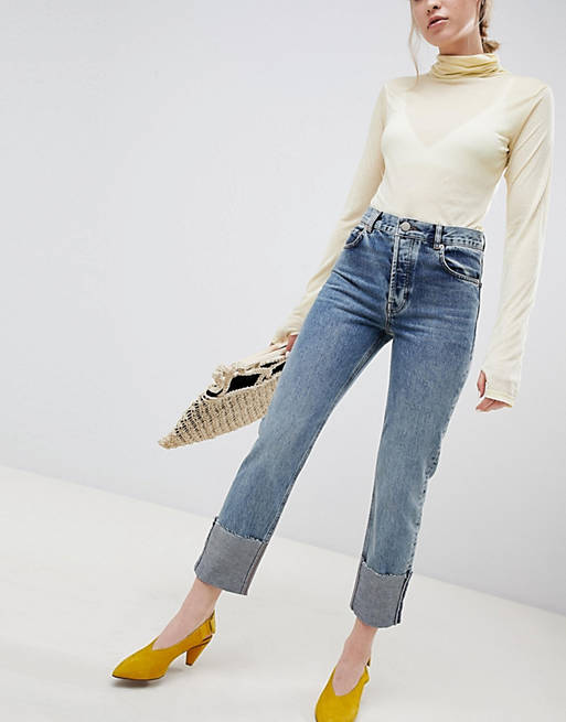 ASOS DESIGN – Florence Authentic – Jeans in Oxford-Waschung mit geradem Bein und breitem Umschlag