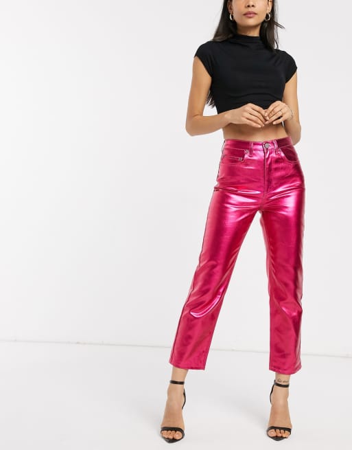 ASOS DESIGN Florence authentic straight leg jeans in bright pink metallic