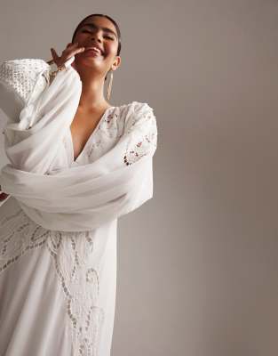 ASOS DESIGN Florence plunge long sleeve wedding dress with cutwork in ivory  | ASOS
