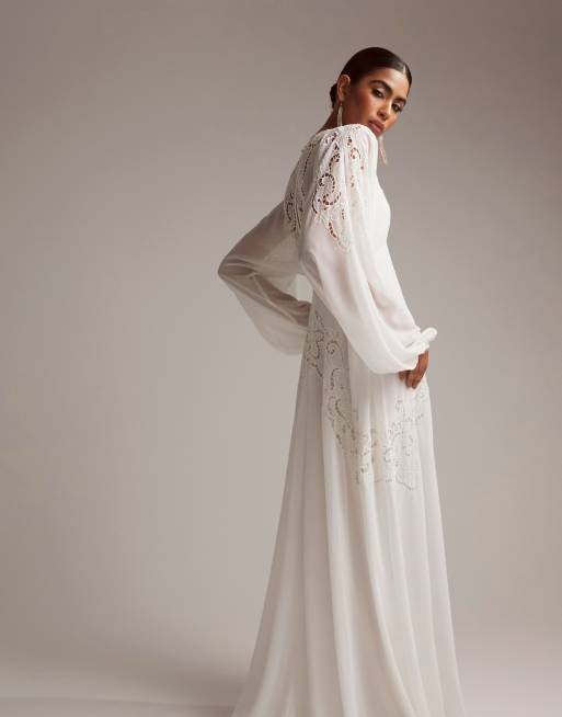 ASOS DESIGN Florence plunge long sleeve wedding dress with cutwork in ivory